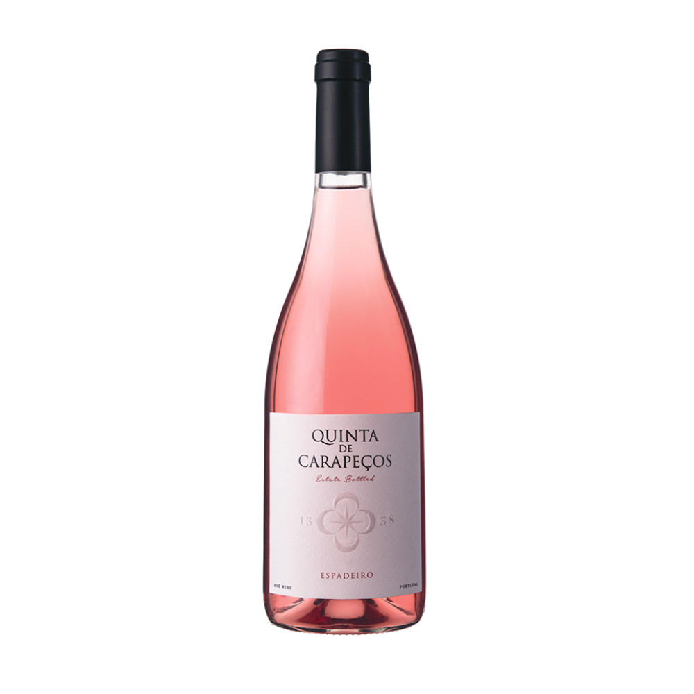 A bottle of Rosé Pink wine from Quinta de Carapeños, featuring a pale pink liquid, a white label with black text, and a black screw cap, set against a plain white background.